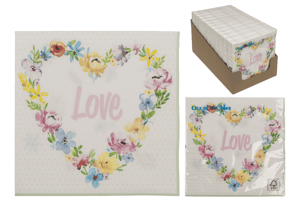 145326_000.png Papieren servetten met bloemenhart en Love tekst, 33 x 33 cm, 3 lagen, 20 stuks in polybag, FSC MIX.