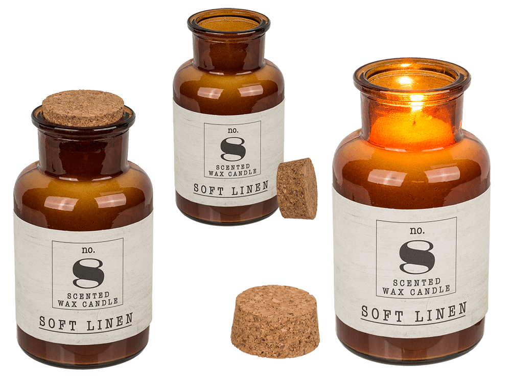 Scented candle (Soft Linen) in pharmacy glass,