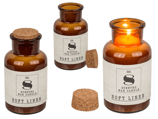 Scented candle (Soft Linen) in pharmacy glass,