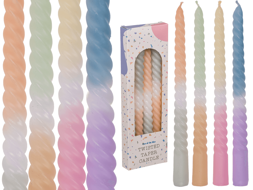 Twisted taper candle with colour gradient, Pastel,