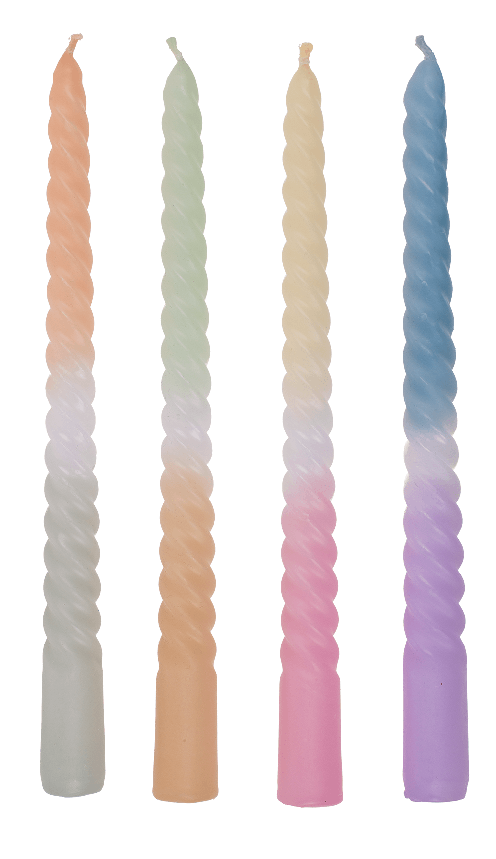 Twisted taper candle with colour gradient, Pastel,