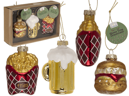 Glass tree decorations, fast food, set of 3,Burger
