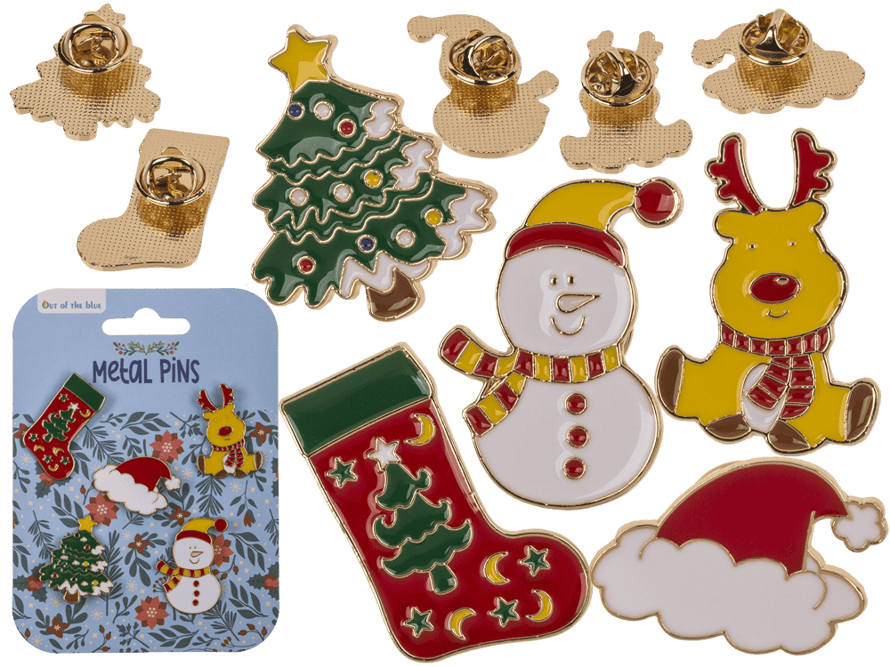 160131_000.png Set van 5 metalen kerstpins van 2 cm, inclusief kerstboom, sneeuwman, rendier, sok en hoed, op headercard.