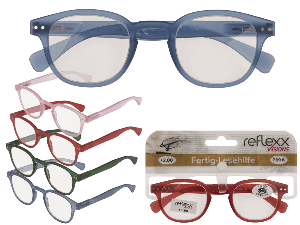 Reading glasses with plastic frame, 5 strengths,