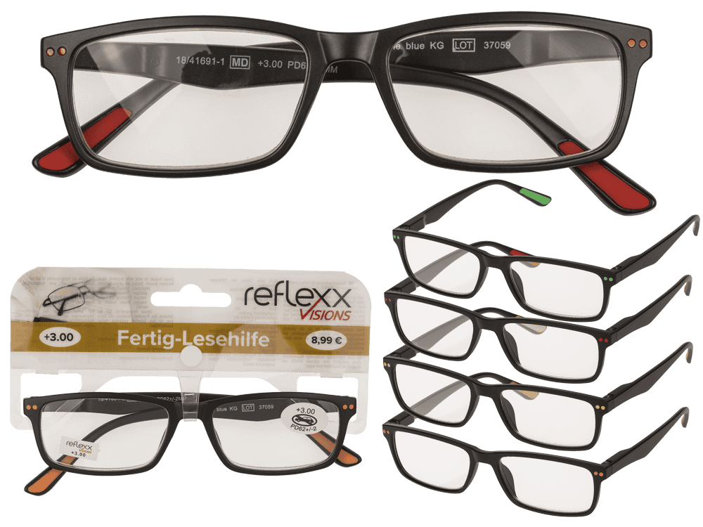 Reading glasses with plastic frame, 5 strengths,