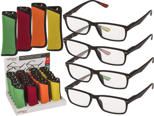 Reading glasses with plastic frame, 5 strengths,