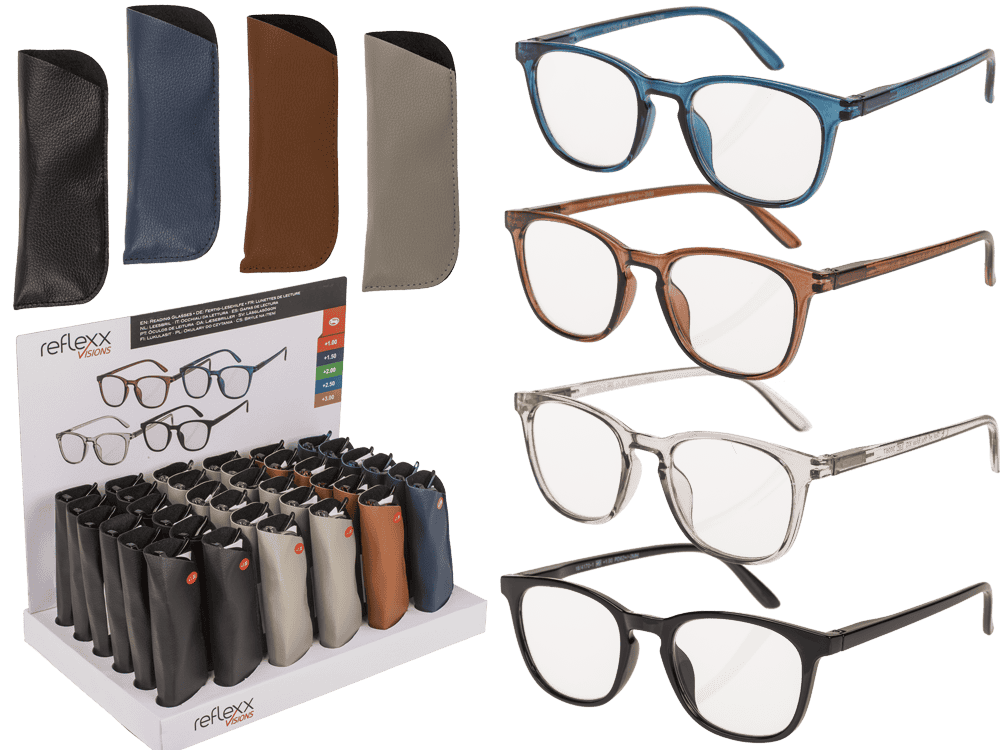 Reading glasses with plastic frame, 5 strengths,