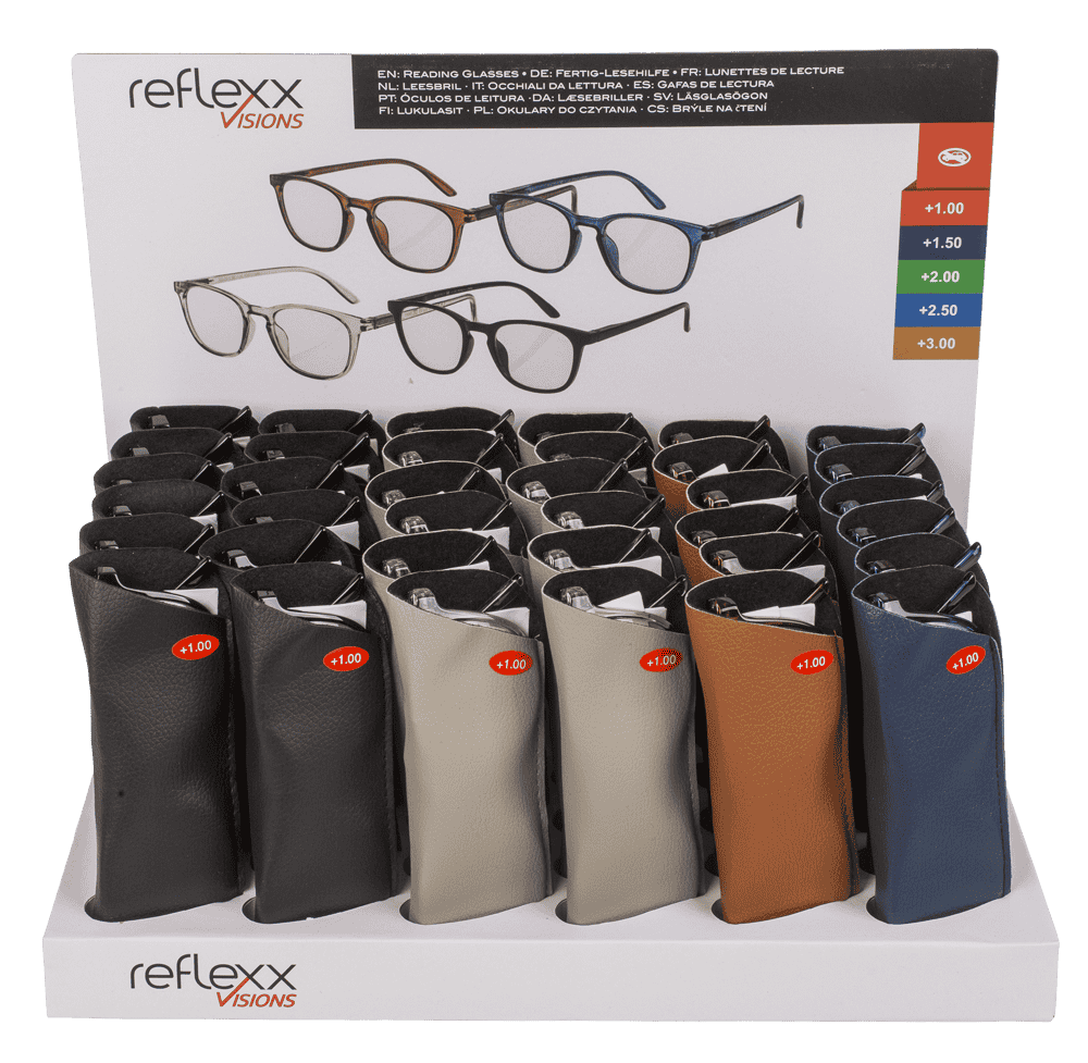 Reading glasses with plastic frame, 5 strengths,