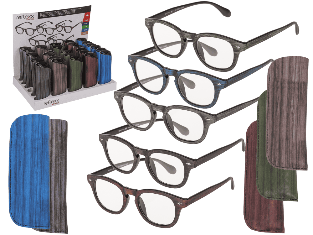 Reading glasses with plastic frame, 5 strengths,