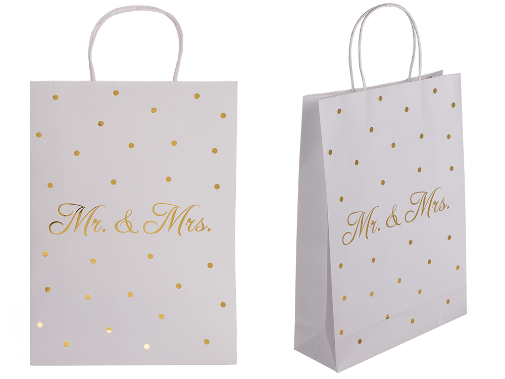 White colored Gift bag, Mr & Mrs, with golden