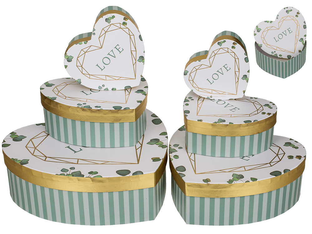 White/green colored present box in heart shape,