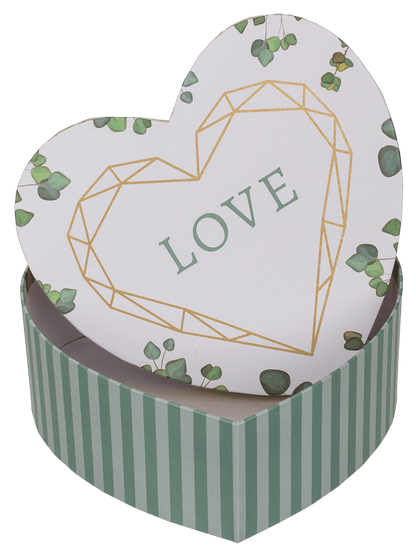 White/green colored present box in heart shape,
