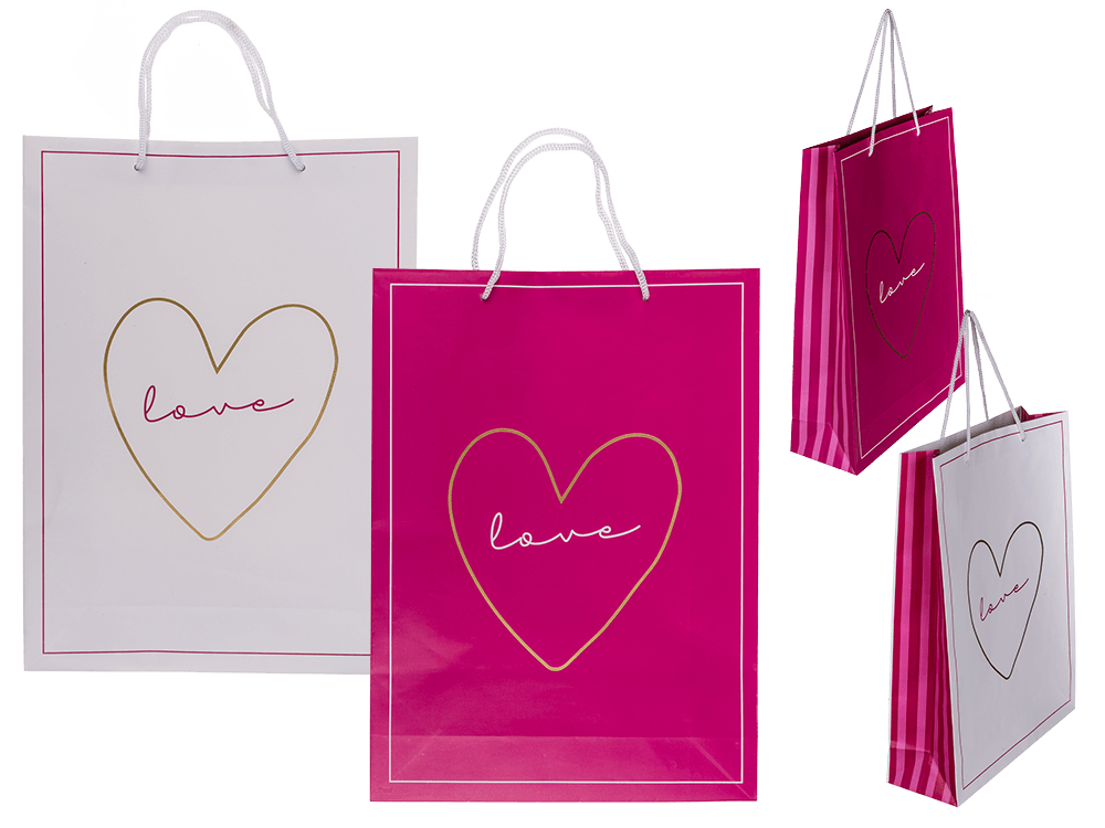 White/dark pink colored paper gift bag, Love,