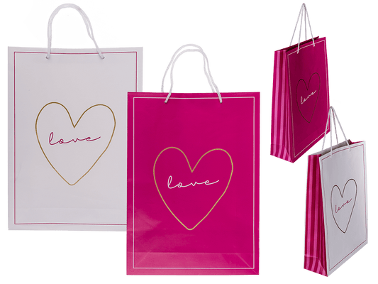 White/dark pink colored paper gift bag, Love,