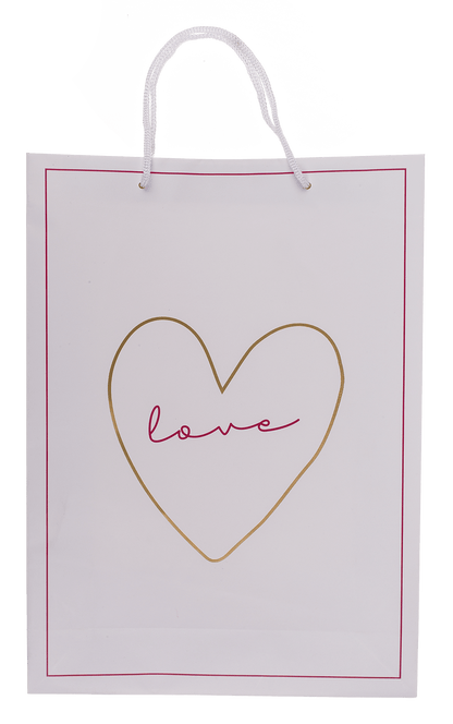 White/dark pink colored paper gift bag, Love,