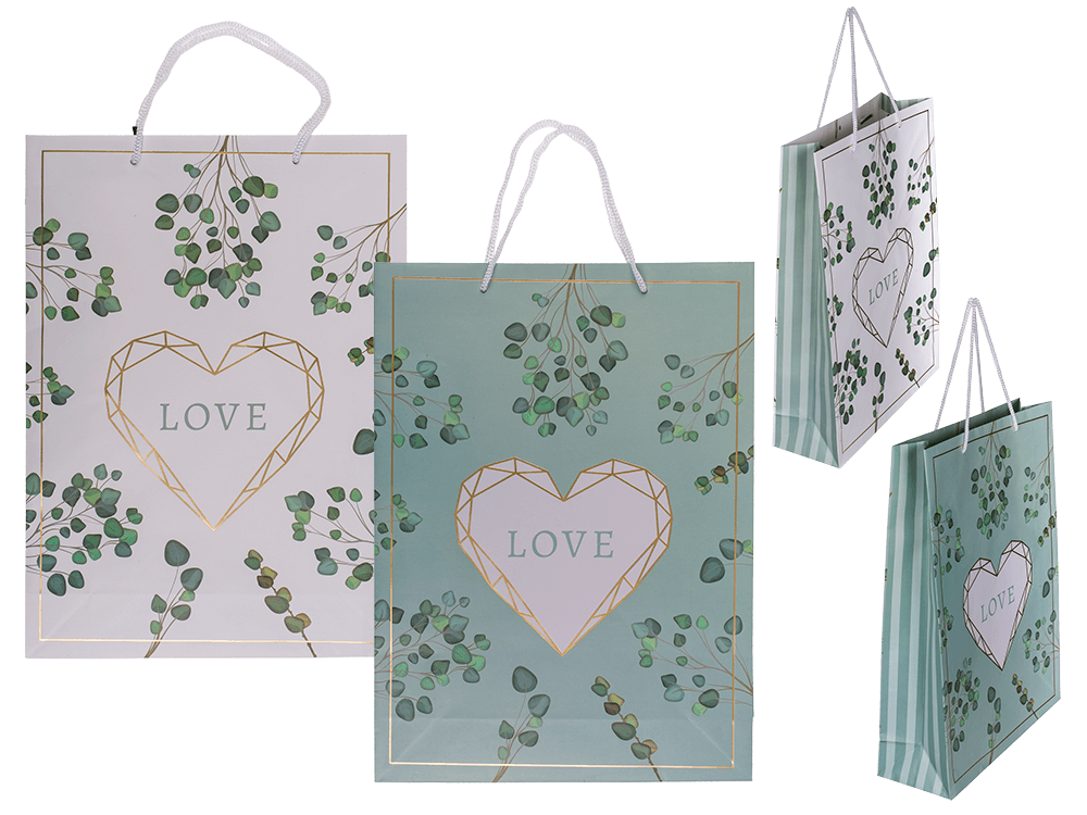 White/green colored paper gift bag, Love,