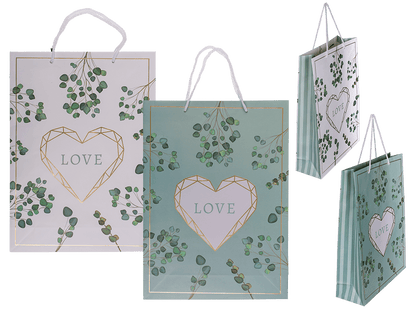 White/green colored paper gift bag, Love,