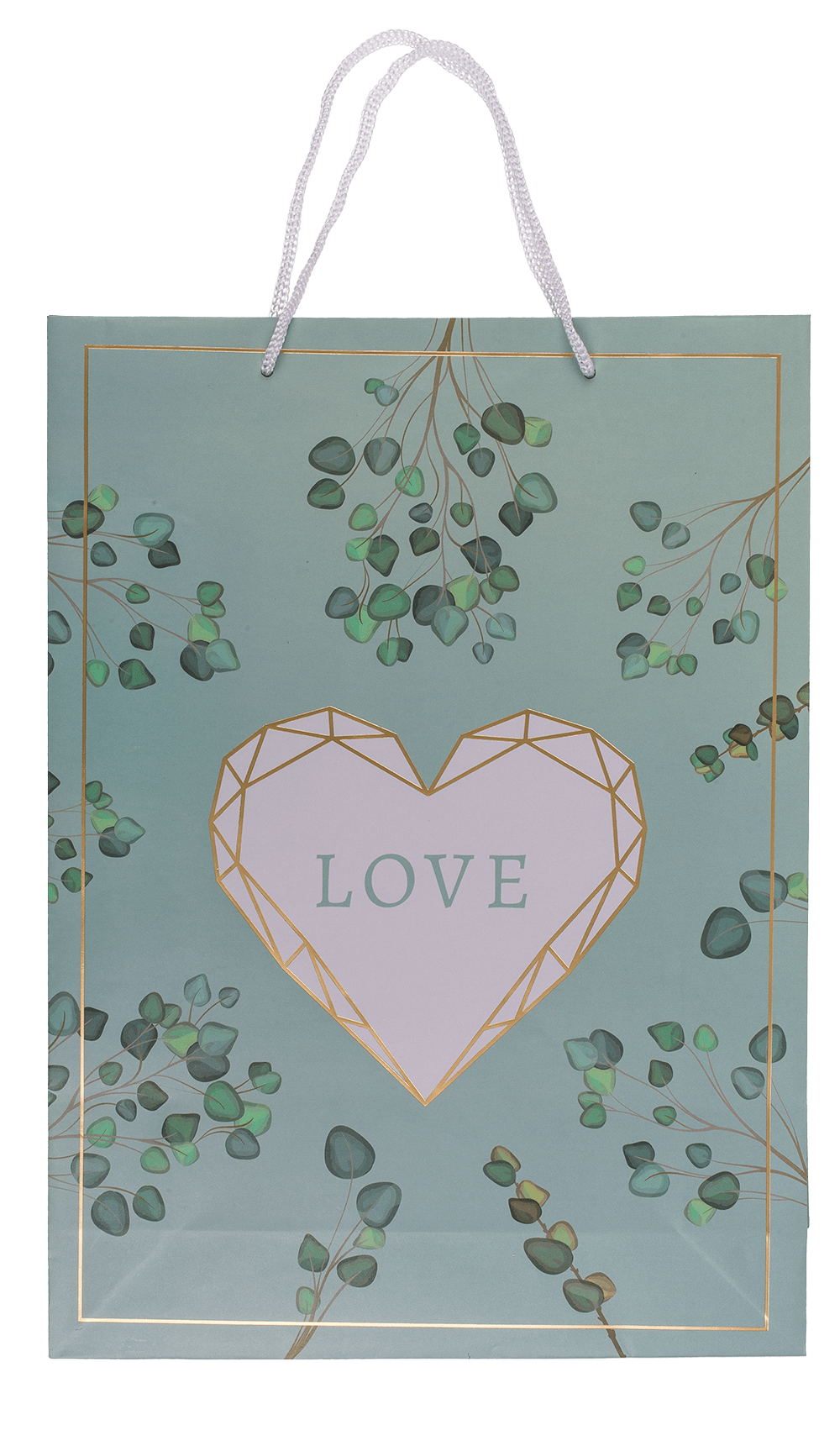 White/green colored paper gift bag, Love,