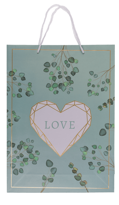White/green colored paper gift bag, Love,