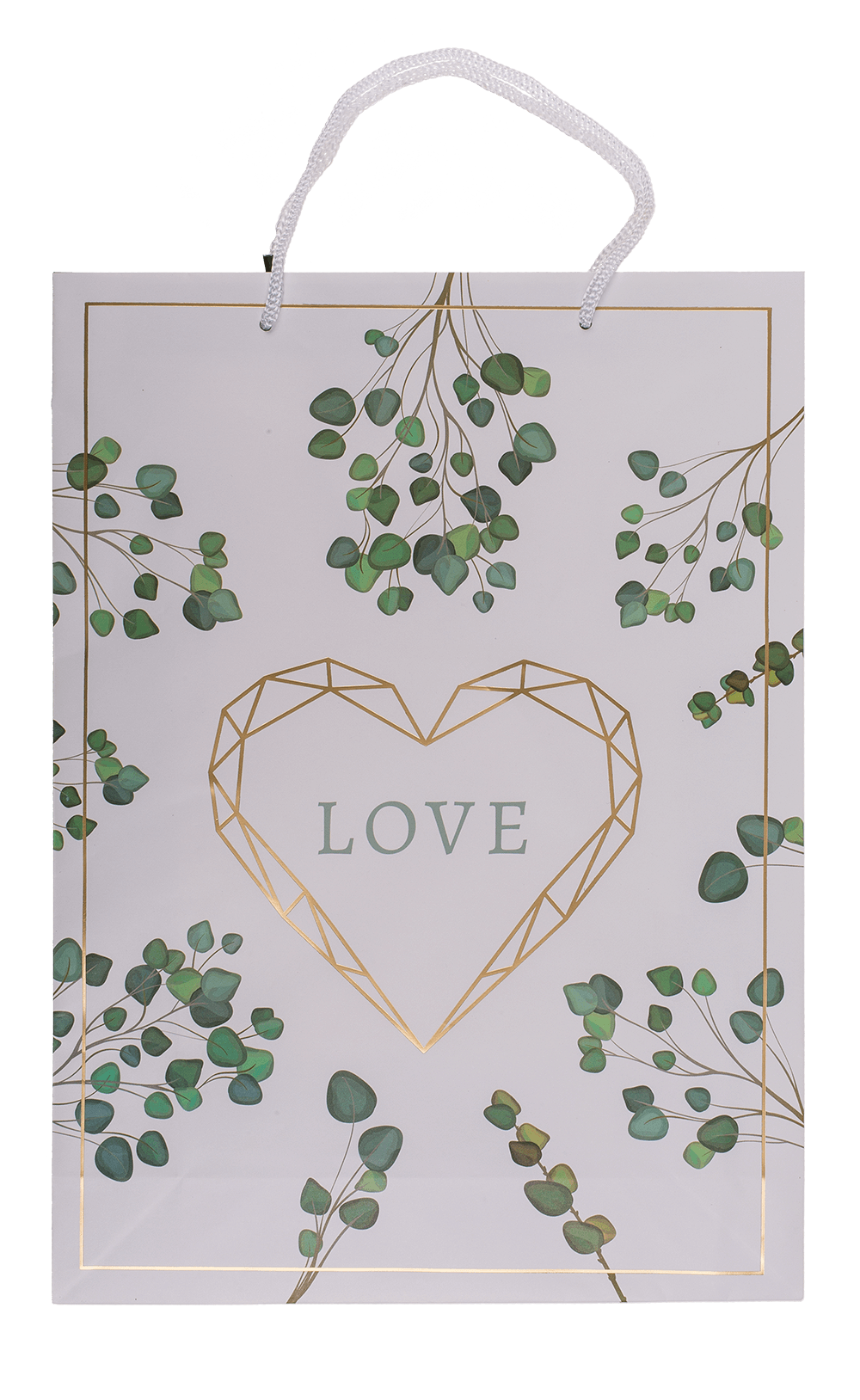 White/green colored paper gift bag, Love,