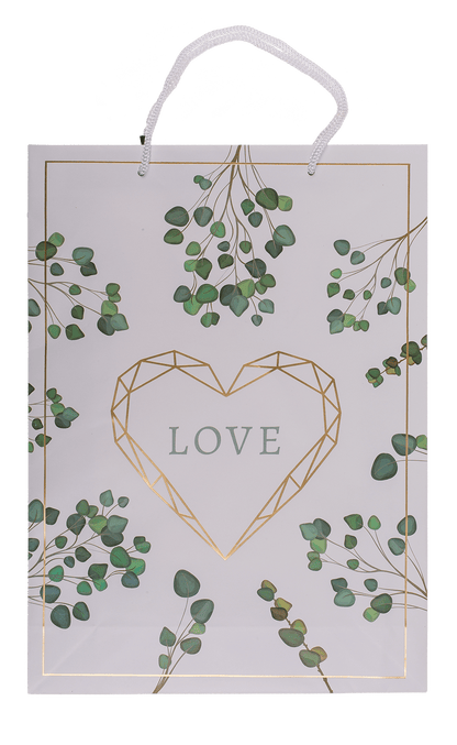 White/green colored paper gift bag, Love,