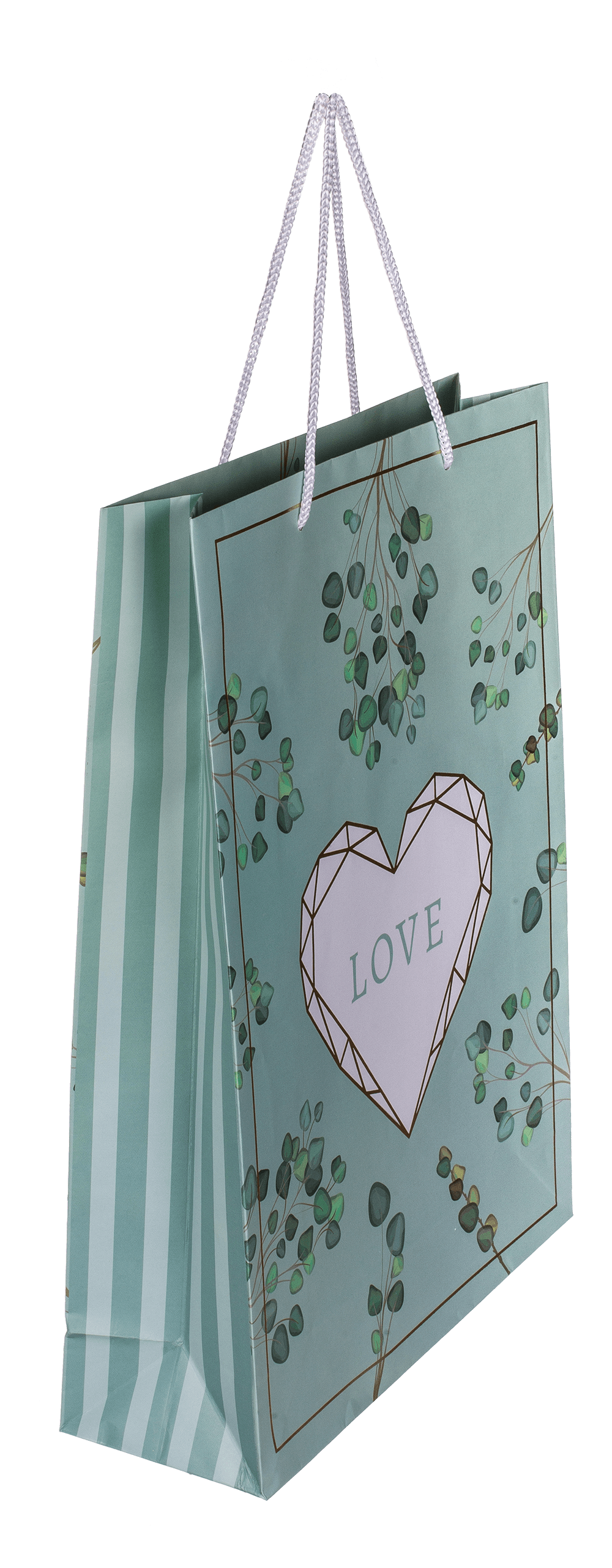 White/green colored paper gift bag, Love,