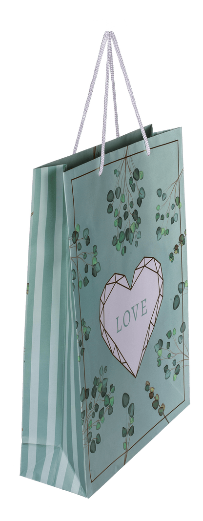 White/green colored paper gift bag, Love,