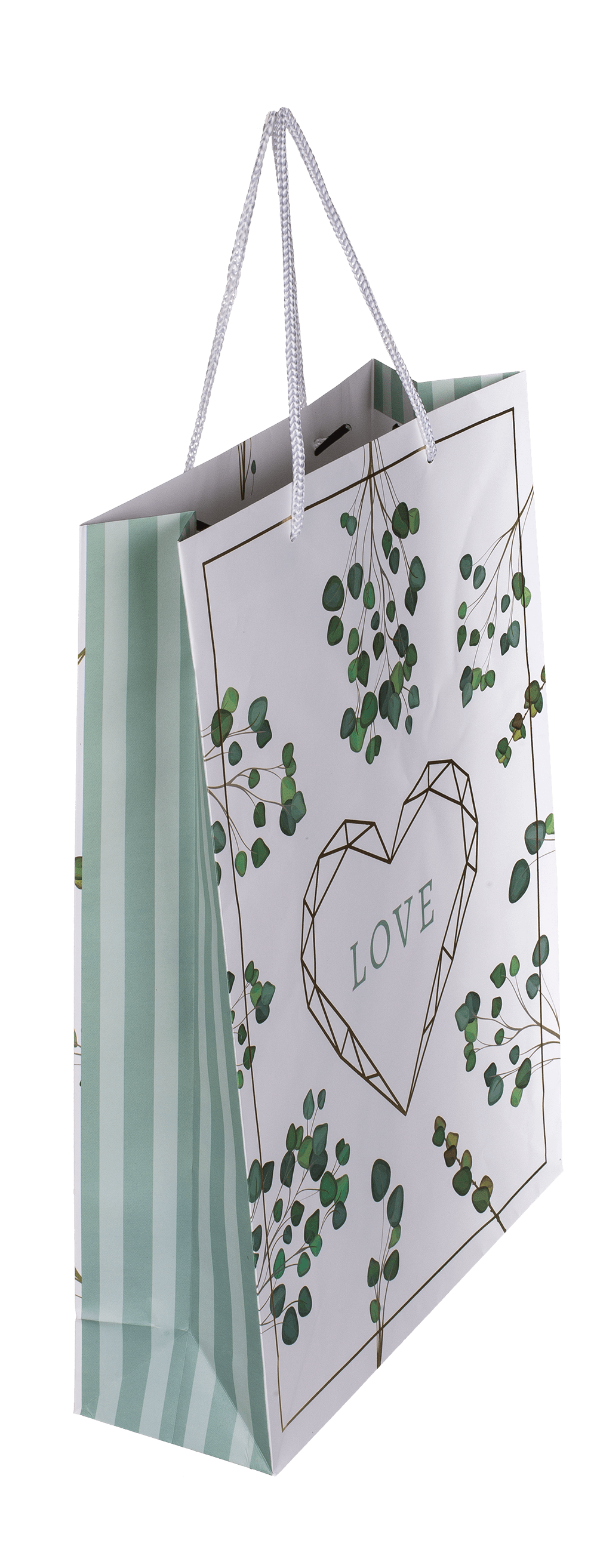 White/green colored paper gift bag, Love,