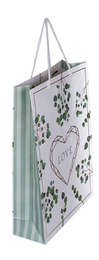 White/green colored paper gift bag, Love,
