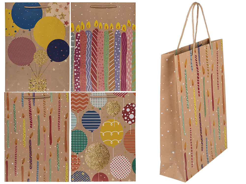 Paper gift bag, ballooons & candles,