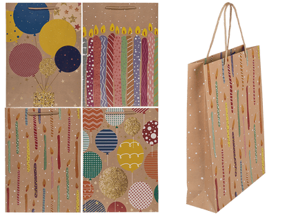 Paper gift bag, ballooons & candles,