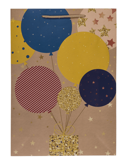 Paper gift bag, ballooons & candles,