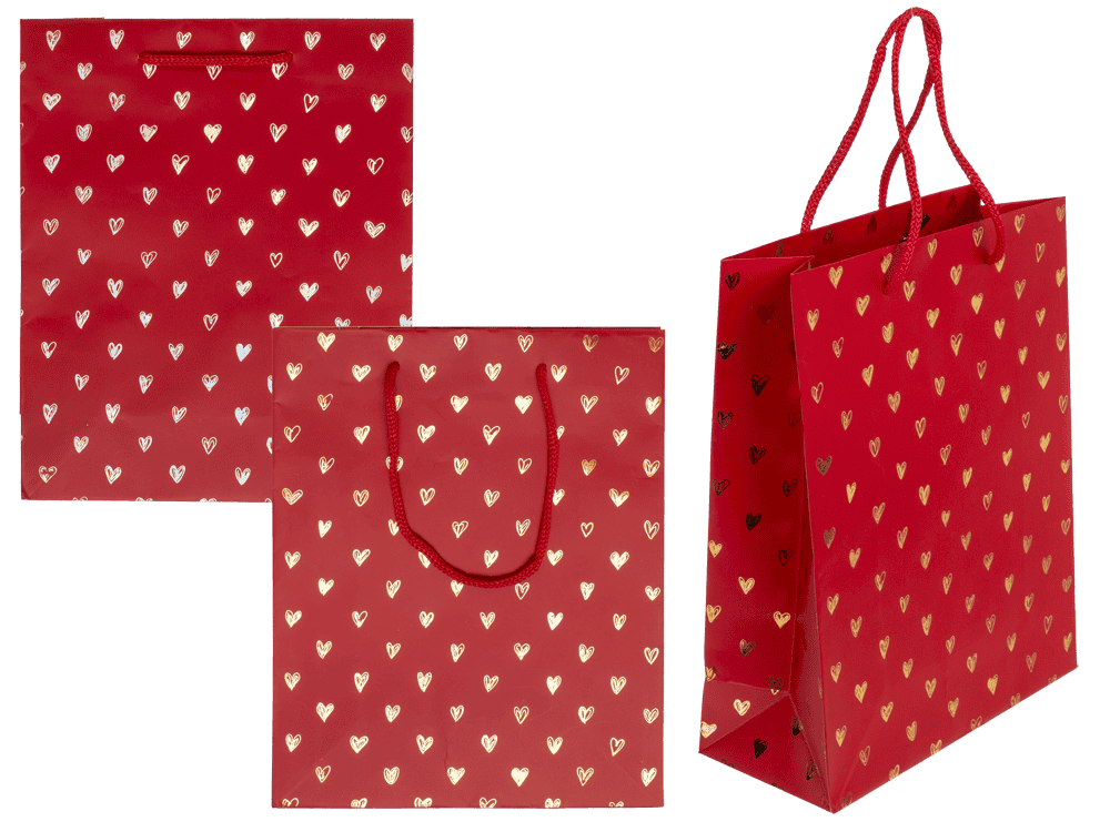 Red coloured paper gift bag, Shiny Hearts,