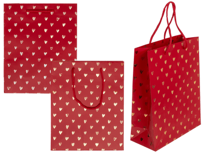 Red coloured paper gift bag, Shiny Hearts,