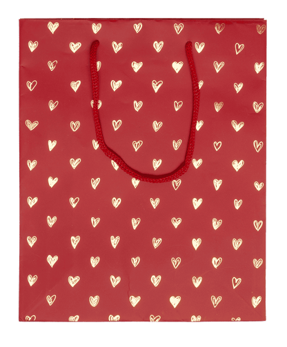 Red coloured paper gift bag, Shiny Hearts,