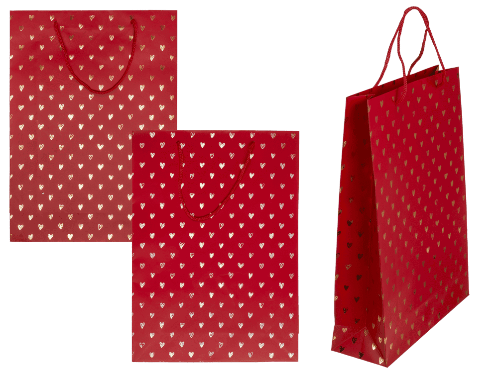 Red coloured paper gift bag, Shiny Hearts,