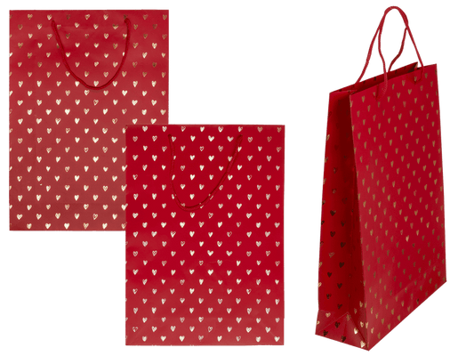Red coloured paper gift bag, Shiny Hearts,