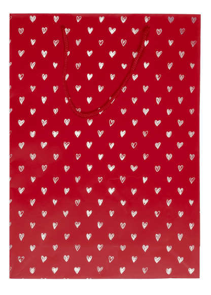 Red coloured paper gift bag, Shiny Hearts,