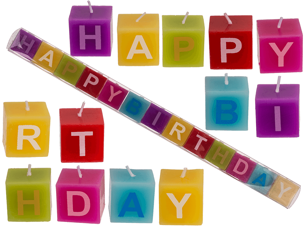 Multi coloured square candles with letters,