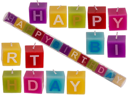 Multi coloured square candles with letters,
