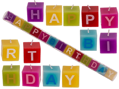 Multi coloured square candles with letters,