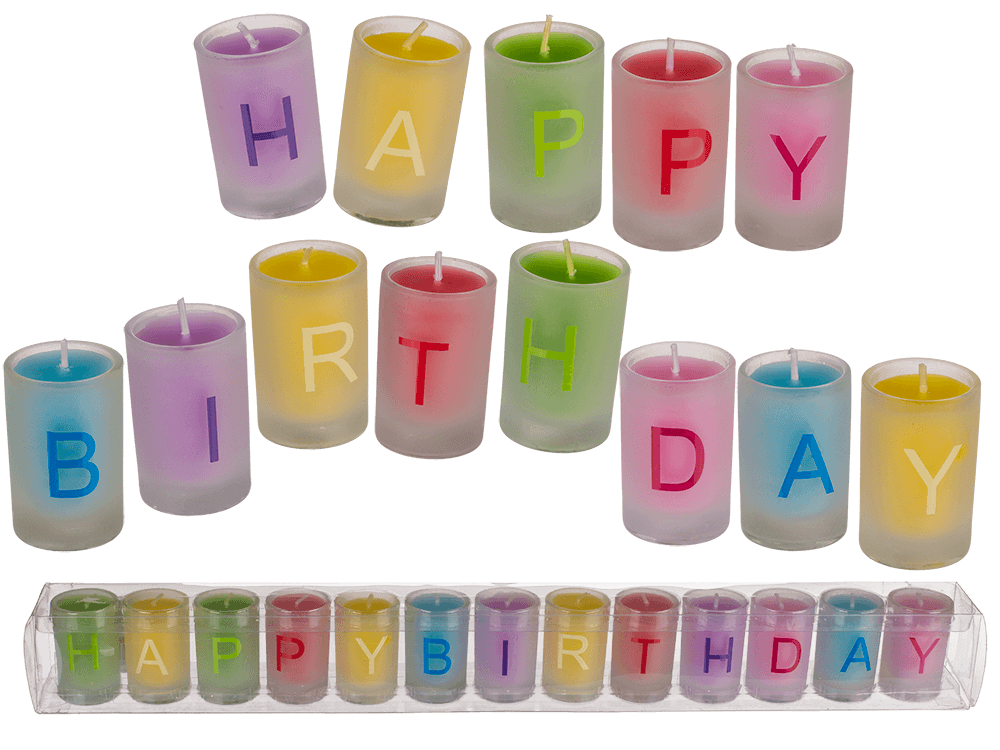 Coloured candles in glass, Happy Birthday,