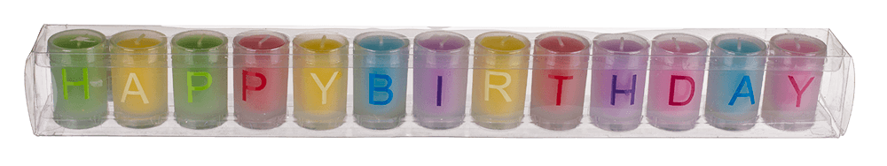 Coloured candles in glass, Happy Birthday,