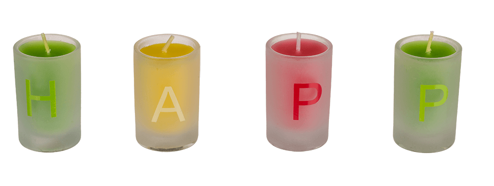 Coloured candles in glass, Happy Birthday,