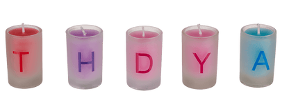 Coloured candles in glass, Happy Birthday,