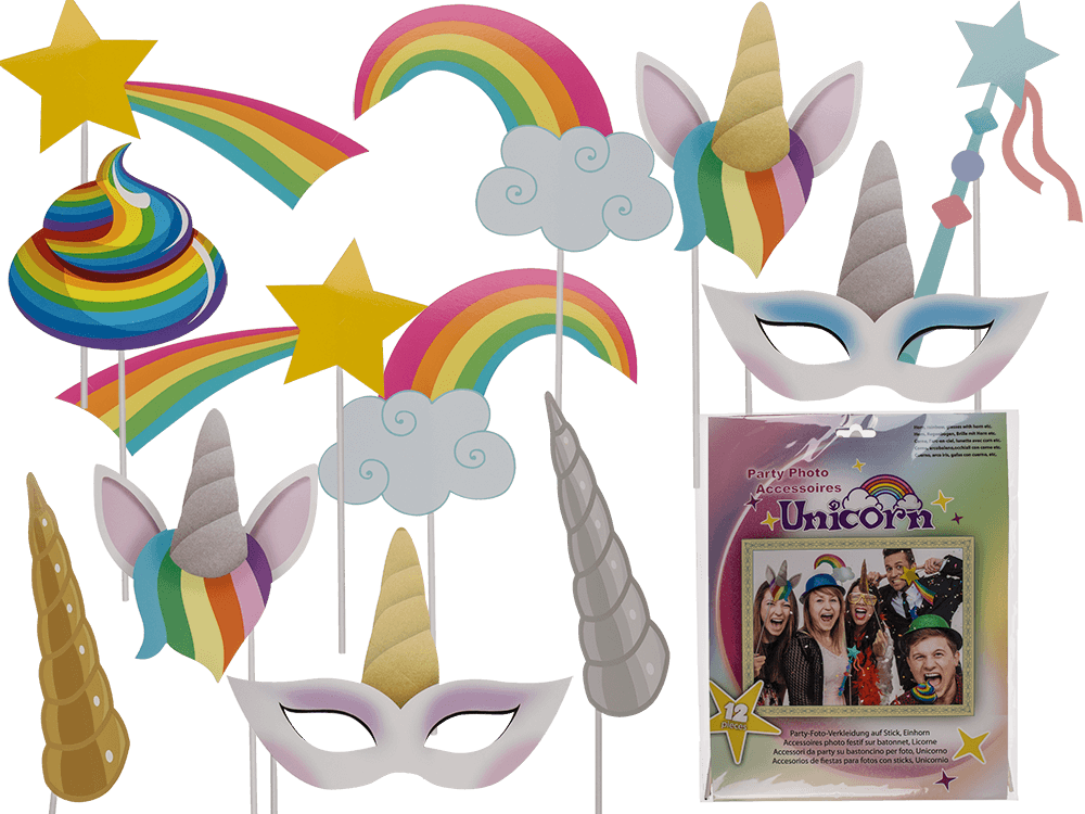181110_000.png Set van 12 eenhoorn feestaccessoires met kleurrijke hoeden, sterren en regenbogen in polybag met papieren insert.