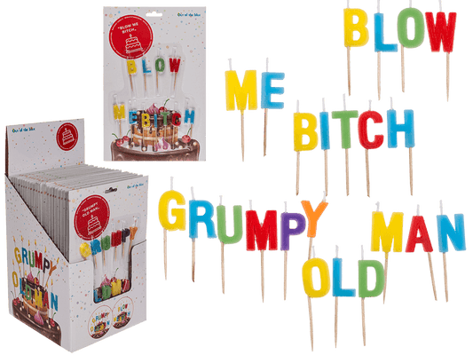 Birthday candle, "Blow me Bitch"/"Grumpy old man",