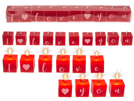 Square candles with letters, I kove you,