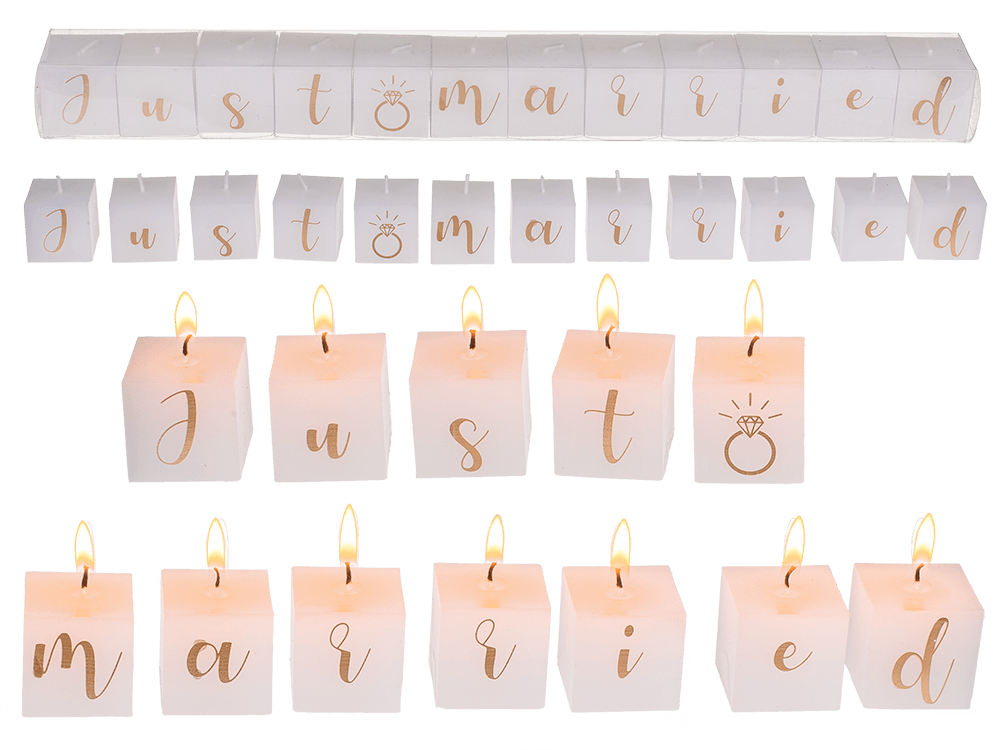 Square candles with letters, Just married,