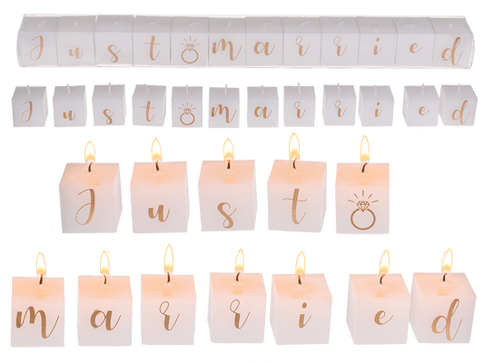 Square candles with letters, Just married,